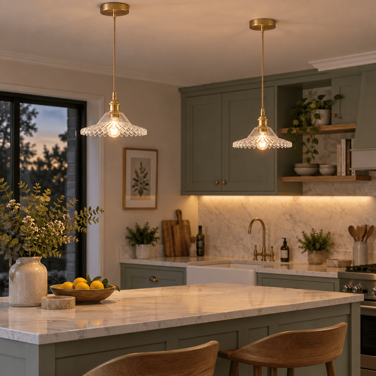 Vintage Satin Gold Cut Glass Pendant Light — paired over a breakfast counter