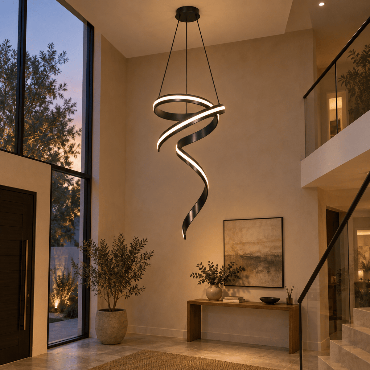 Cygnet Black LED Pendant Light — suspended in a double-height entrance