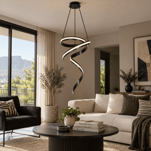 Cygnet Black LED Pendant Light — featured over a living-room coffee table