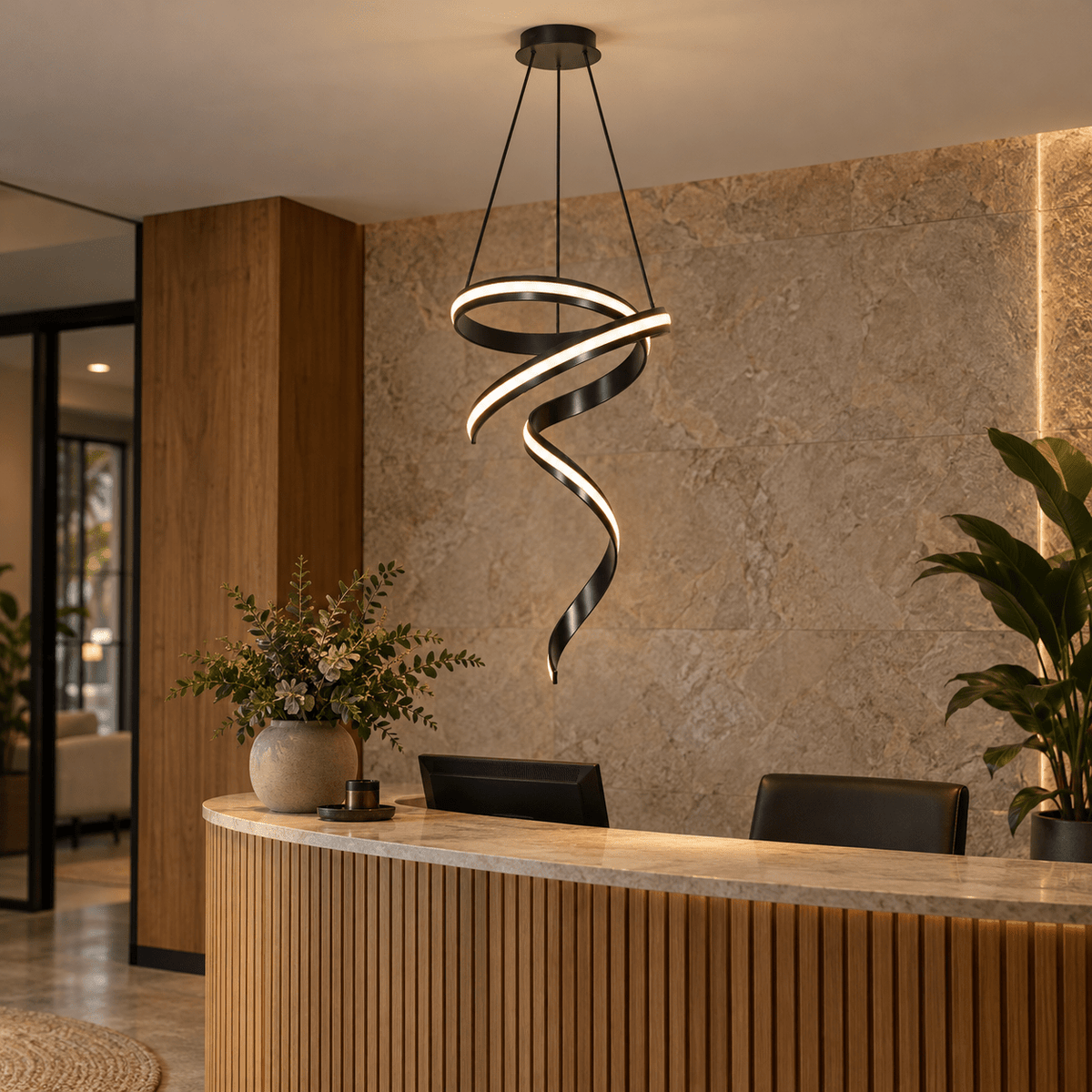 Cygnet Black LED Pendant Light — lighting a boutique reception desk