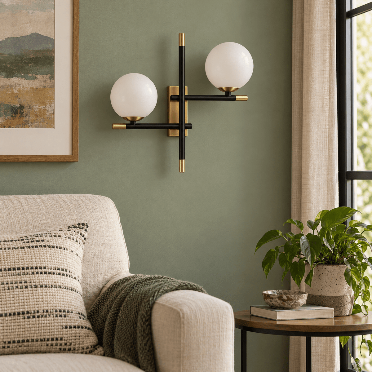 Urban Gold & Black LED Wall Light with Opal Glass — featured in a living-room reading corner