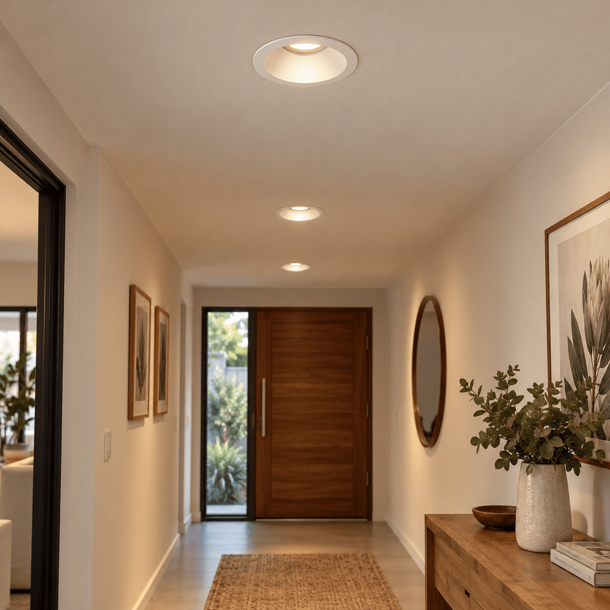 White LED Downlight Anti-Glare Recessed — aligned along an entrance hallway
