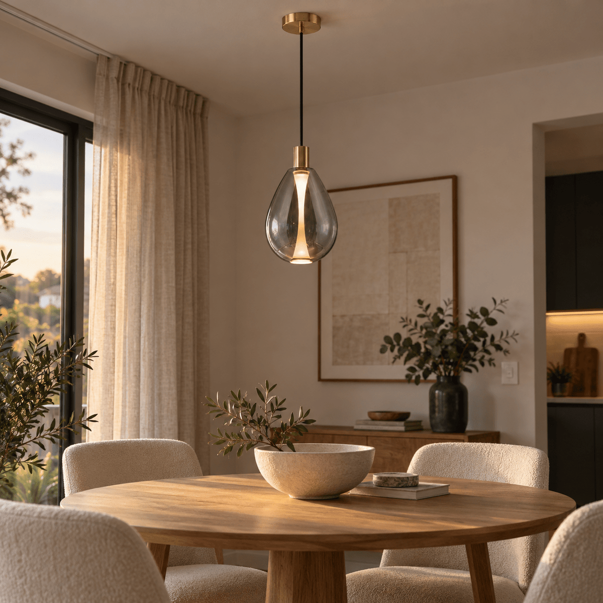 Smoke LED Glass Pendant Medium Balloon — above a small dining table