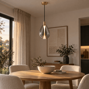 Smoke LED Glass Pendant Medium Balloon — above a small dining table