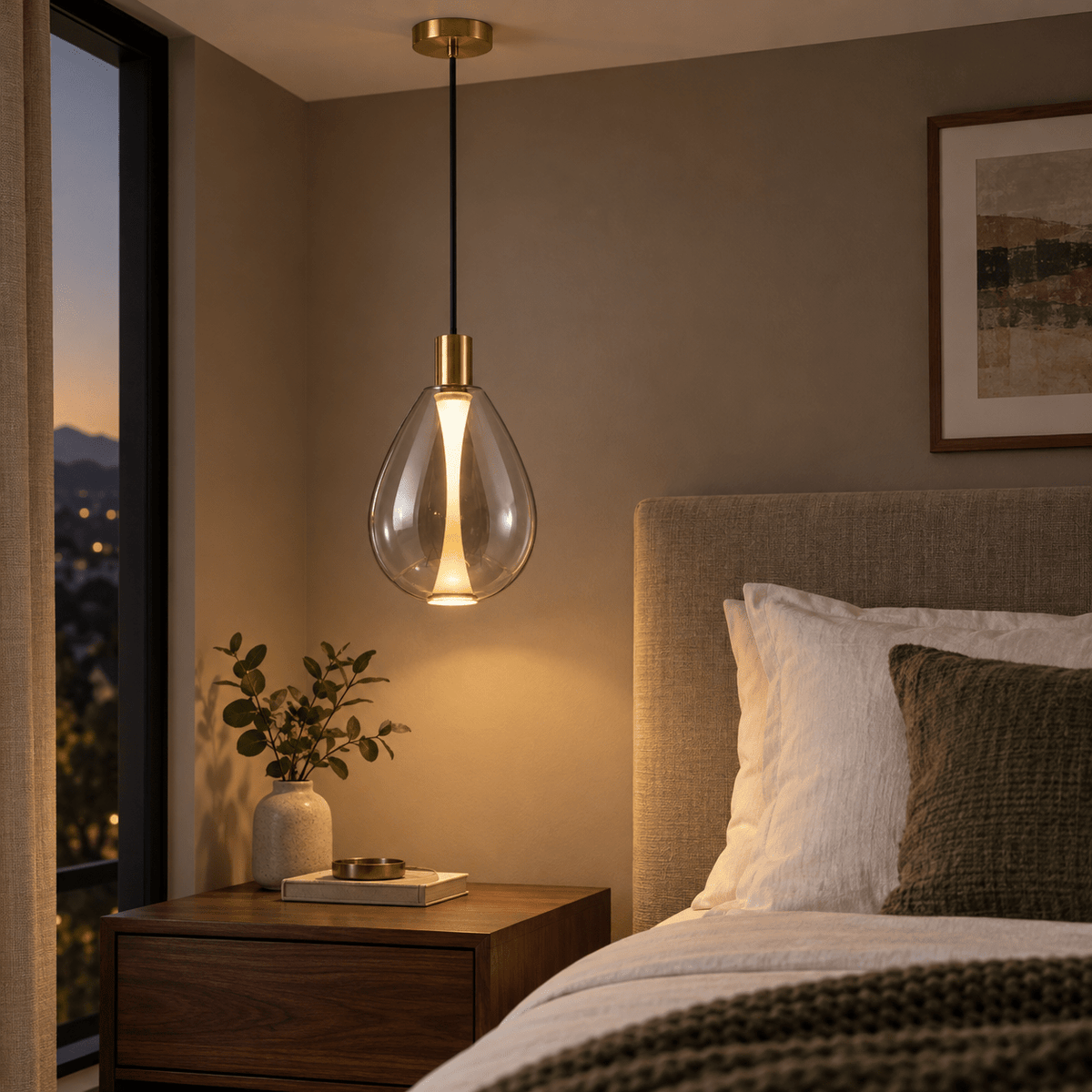 Smoke LED Glass Pendant Medium Balloon — suspended beside a bedroom table