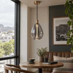 Smoke LED Glass Pendant Medium Balloon — showing smoke-glass detail in a cafe