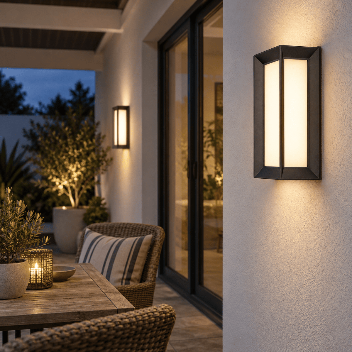 Coastal Framed Black LED Outdoor Wall Light Opal Diffuser — Covered patio with matching wall lights