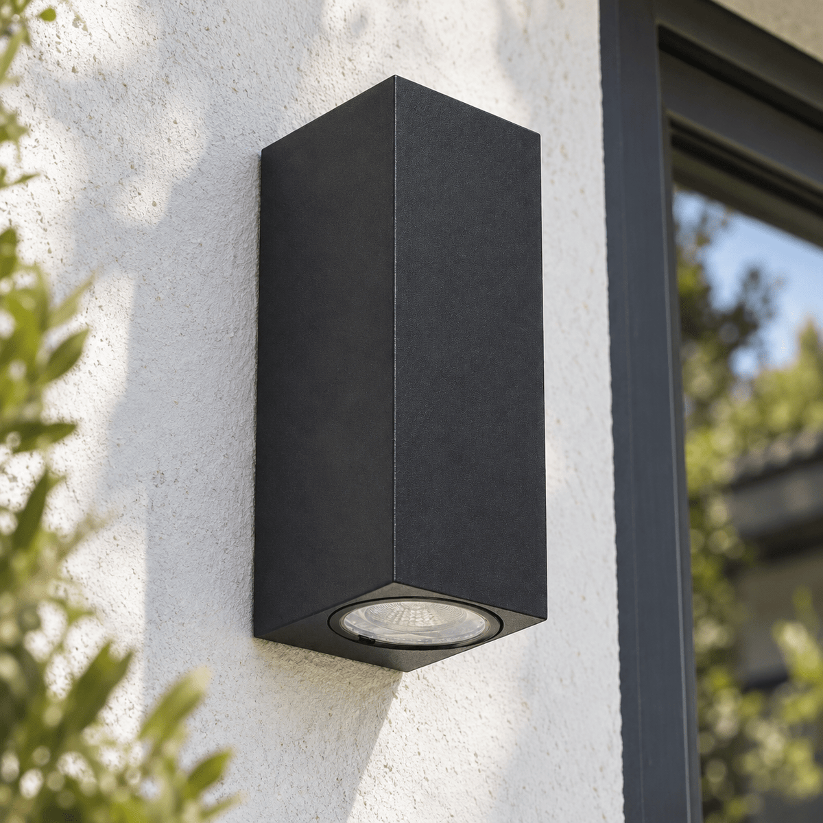 Black Coastal Outdoor Wall Light - IP54 GU10 — Daylight detail of the rectangular housing