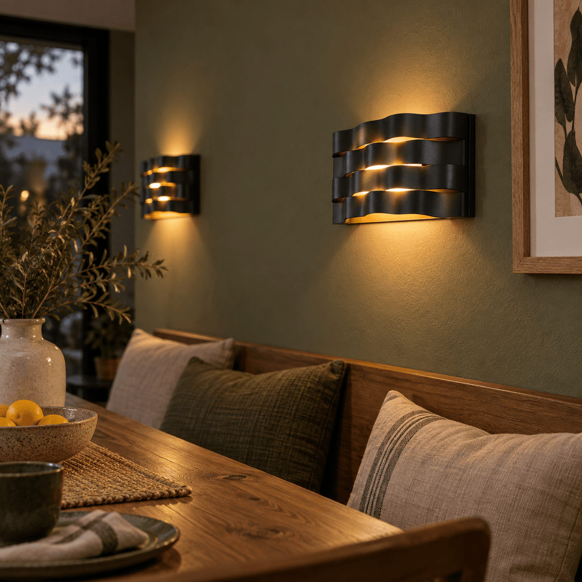 Medium Ripple Black LED Wall Light IP20 — Matching ripple lights in a dining nook
