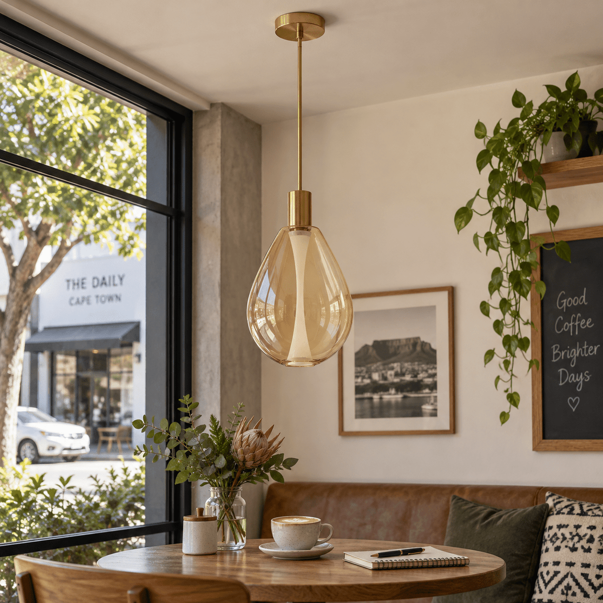Amber Glass Gold Finish LED Pendant Light — Daylight detail above a cafe table