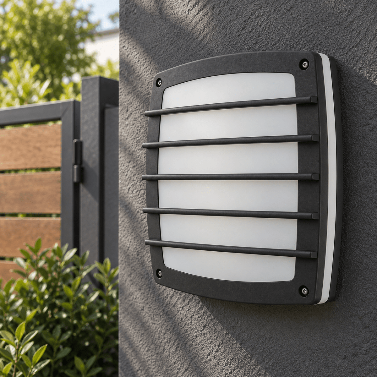 Square Grid Matt Black Bulkhead Light IP54 — Daylight detail of the five-bar grille