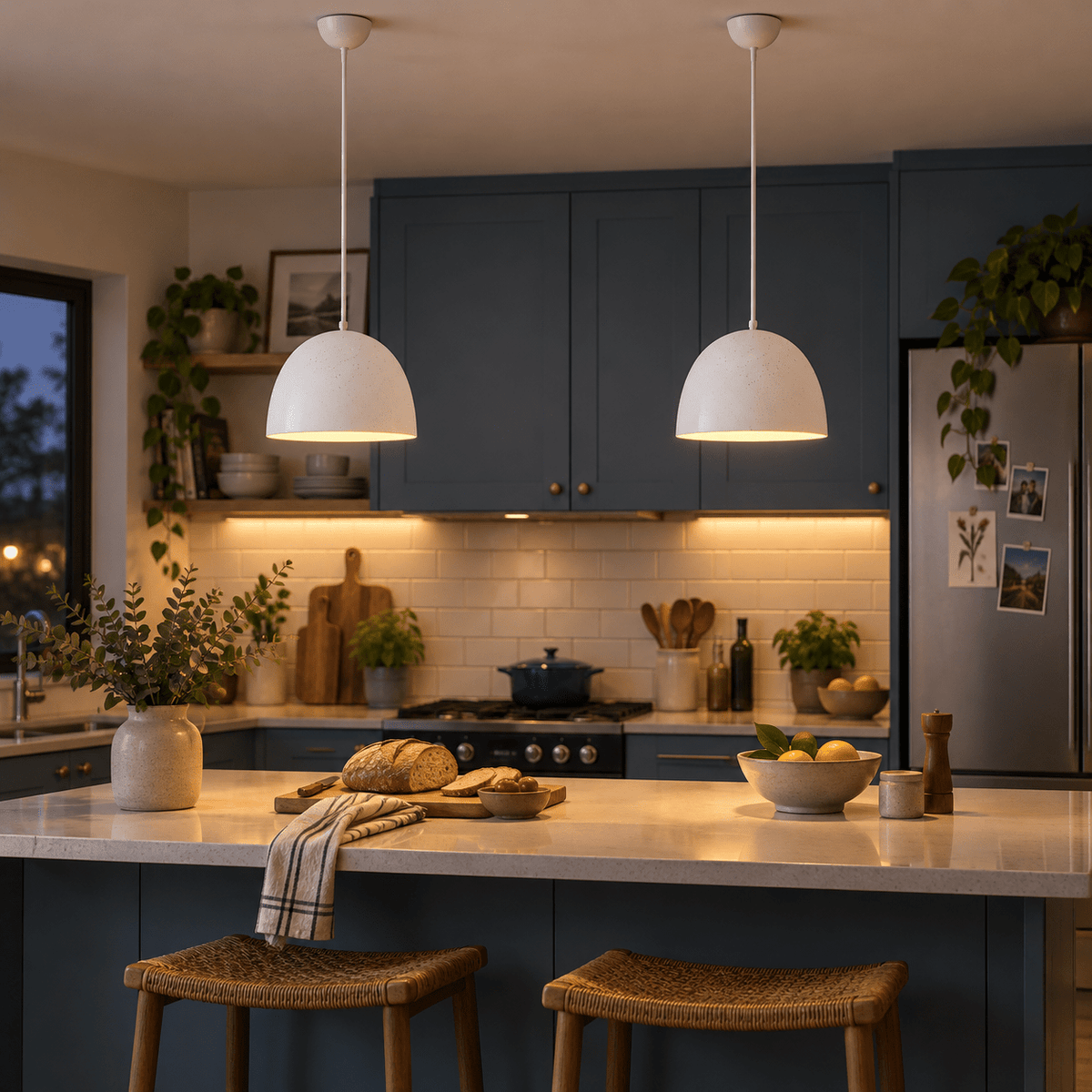 White Metal Pendant Light - Ceramic Shade — Matching dome pendants over a kitchen island