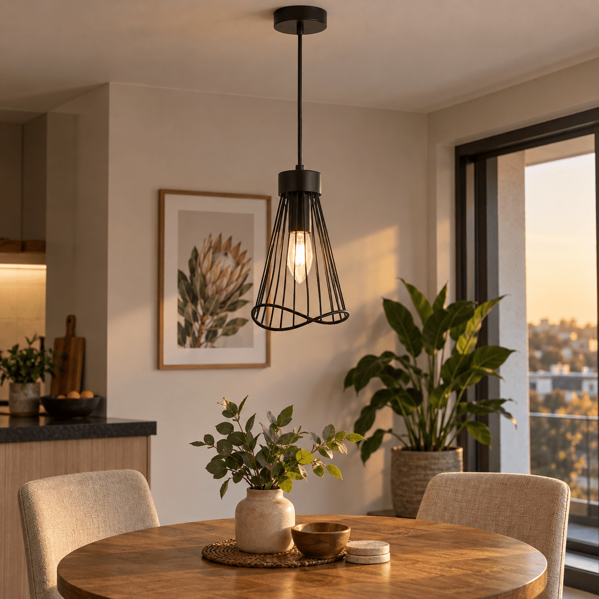 230V 40W E14 Sensu Pendant - Black — Sensu pendant above a breakfast table