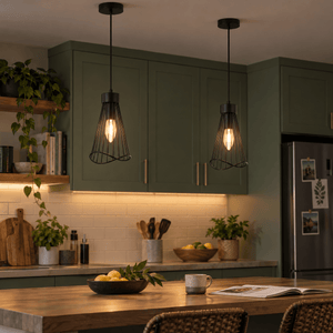 230V 40W E14 Sensu Pendant - Black — Matching black cage pendants over a counter