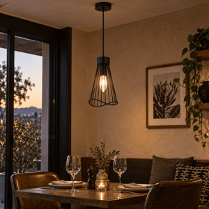 230V 40W E14 Sensu Pendant - Black — Warm pendant over a restaurant table