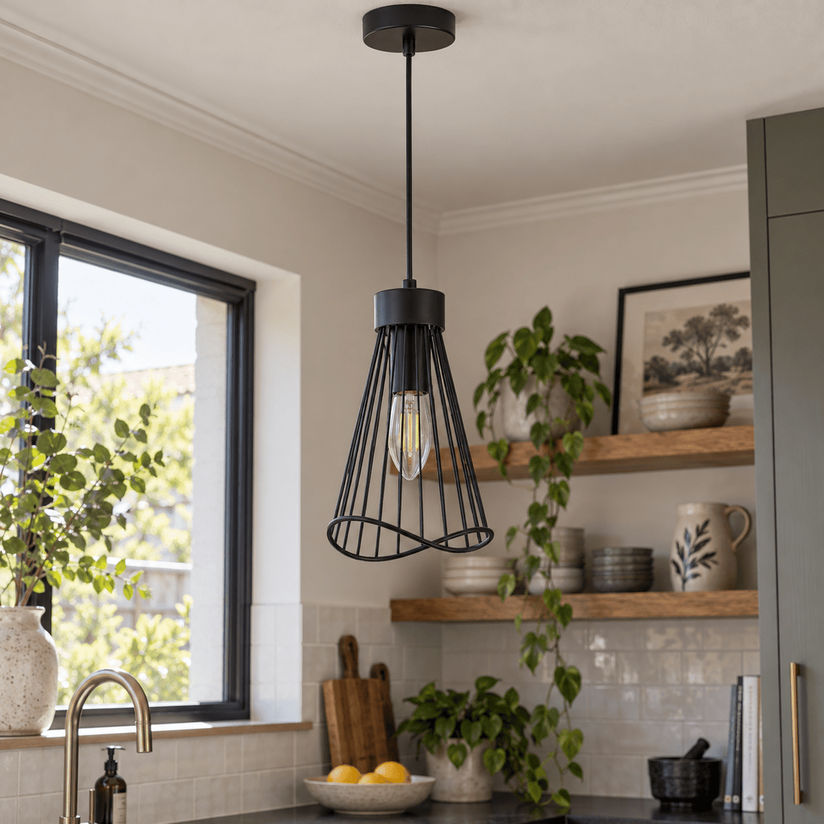 230V 40W E14 Sensu Pendant - Black — Daylight detail of the wavy wire cage