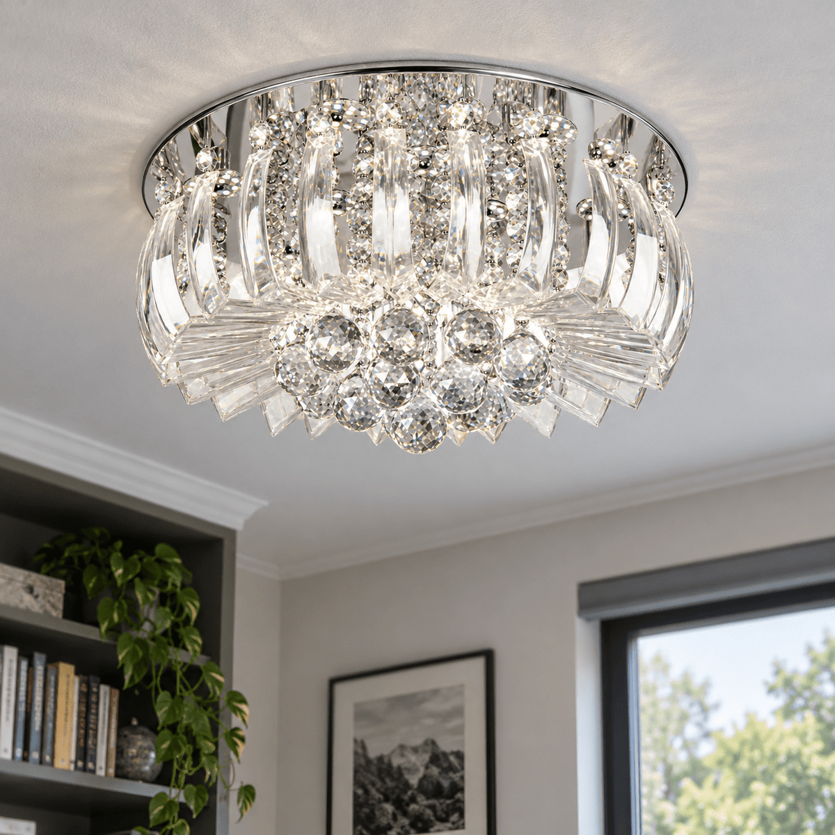 Chrome LED Ceiling Fitting with Glass Crystals — Close detail of glass blades and crystal spheres