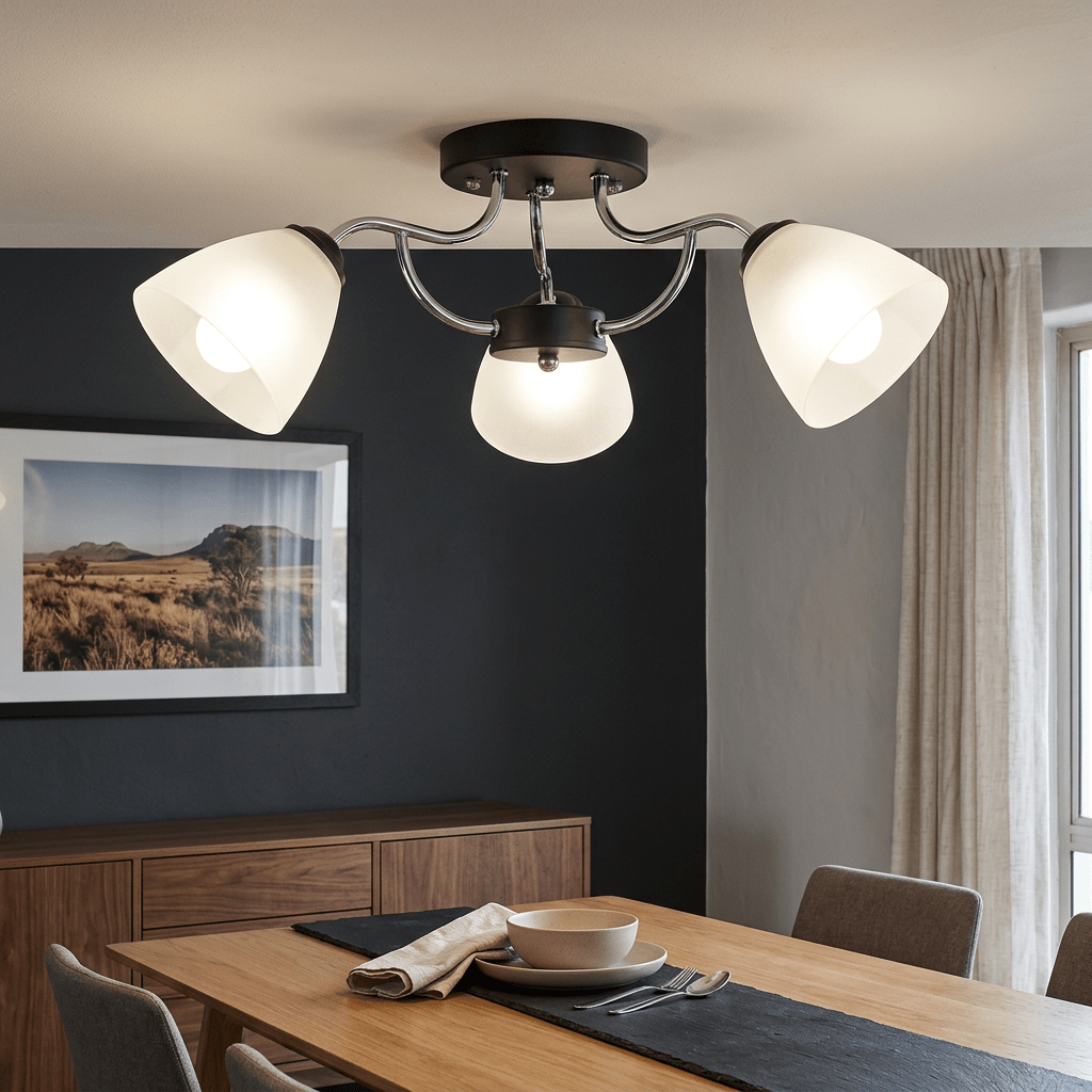 Polished Chrome & Black Chandelier Frosted Glass Modern Design