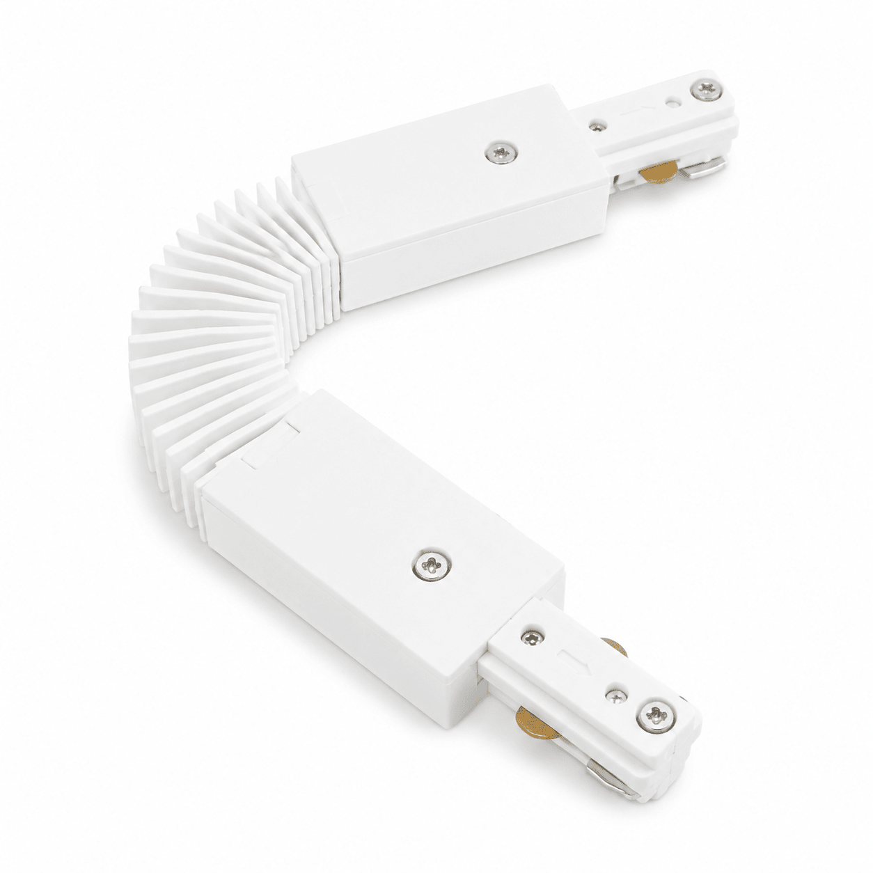 White 3-Wire Track Flexi Connector with a curved design for versatile track lighting installation.