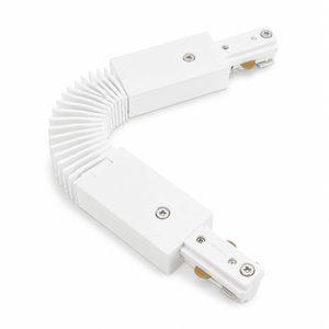 White 3-Wire Track Flexi Connector with a curved design for versatile track lighting installation.