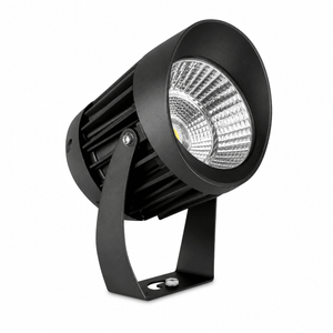 Black LED outdoor spot light with a sleek design, showcasing a glass lens and aluminum body.