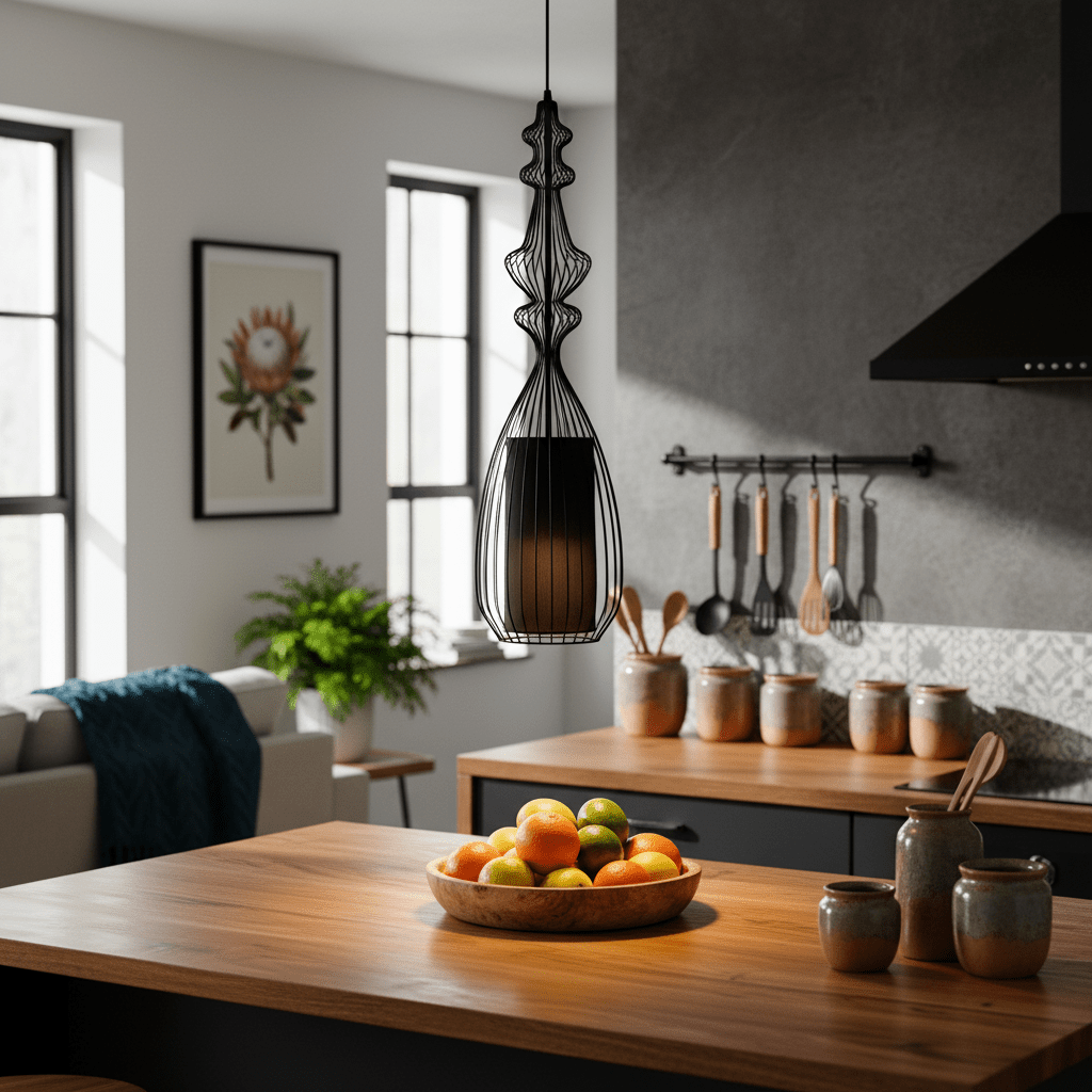 Tokyo 3 Black Wire Frame Pendant light hanging over a wooden kitchen island with a bowl of fruits.