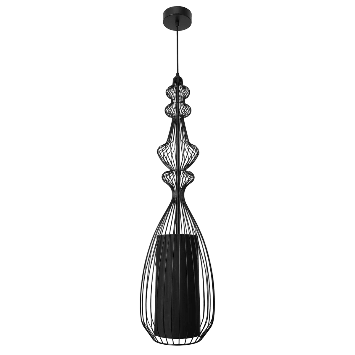 Black wire frame pendant light with a teardrop shape, featuring a textured finish and a sleek black ceiling mount.