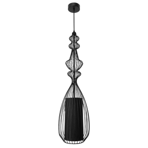 Black wire frame pendant light with a teardrop shape, featuring a textured finish and a sleek black ceiling mount.