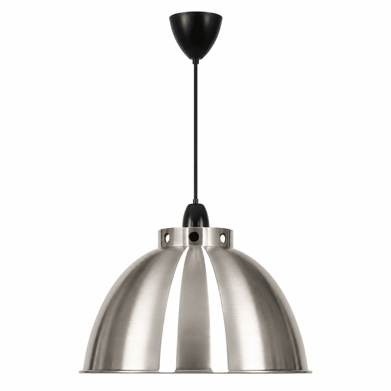 Metal pendant light with black fixture on a white background
