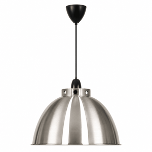 Metal pendant light with black fixture on a white background