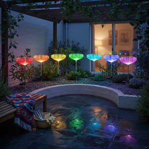 Colour changing dandelion garden lights around a patio at night