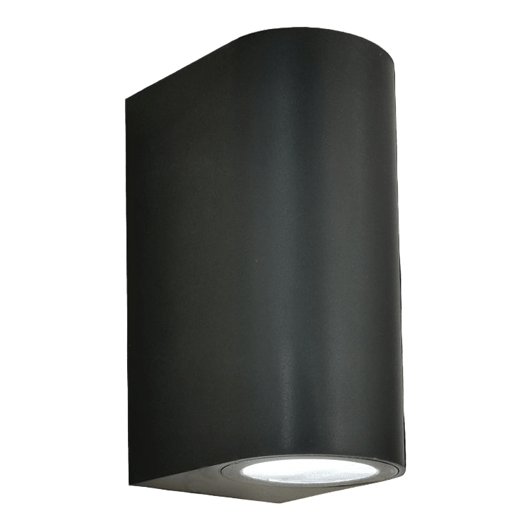 Black cylindrical wall light fixture on a black background