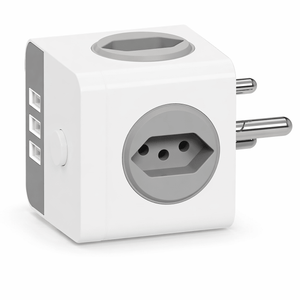 White 16A cube adaptor with three USB ports, three N-type sockets and a three-pin plug