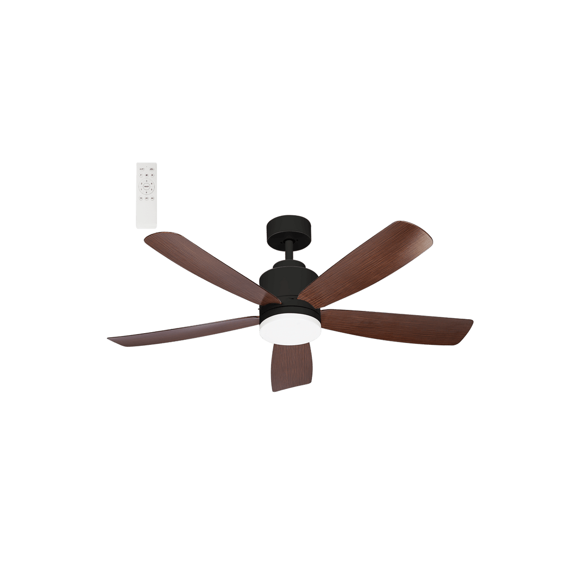 52" Black LED Ceiling Fan & Brown Wood ABS Blades — transparent background