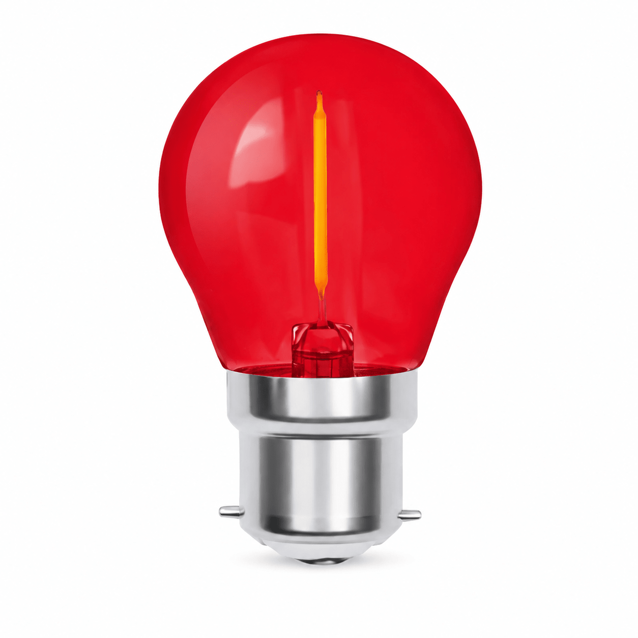 1W transparent filament golf ball bulb in red with a silver base, showcasing its decorative design.