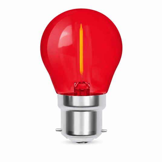 1W transparent filament golf ball bulb in red with a silver base, showcasing its decorative design.