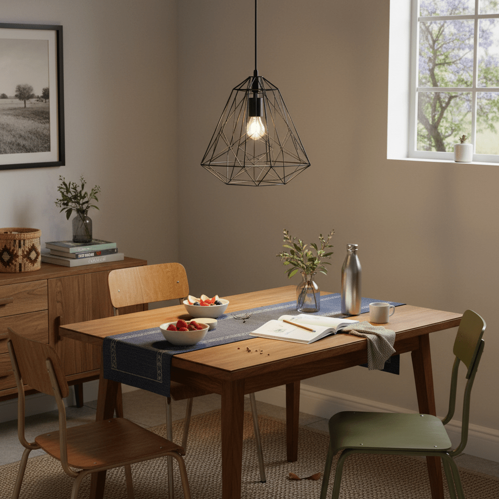Black metal pendant light hanging above a wooden dining table set with fruit and a book.