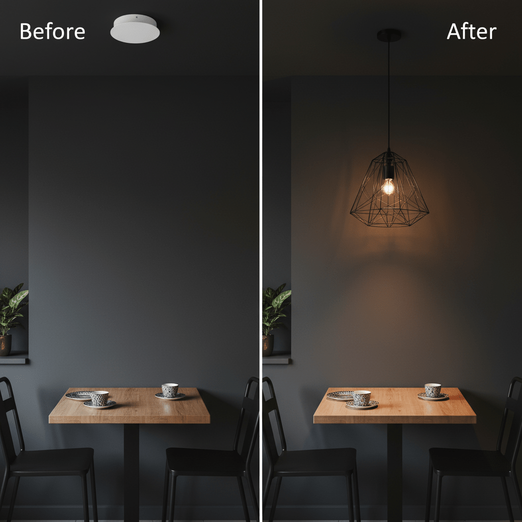 Before and after comparison of a dining area with a pendant light, showcasing improved illumination and style.