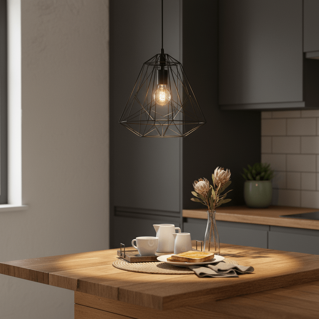 Black metal pendant light hanging above a wooden kitchen table set with cups and flowers.