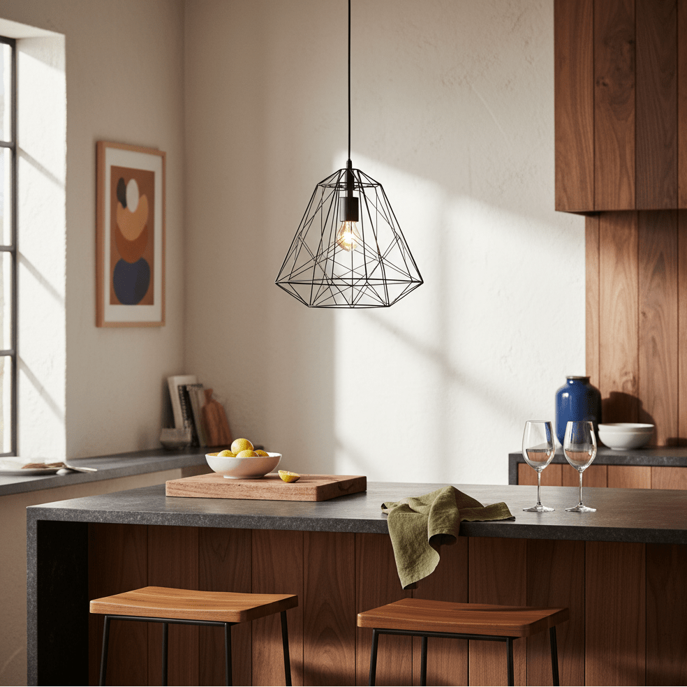 Black metal pendant light hanging above a kitchen island with wooden stools and a bowl of lemons.