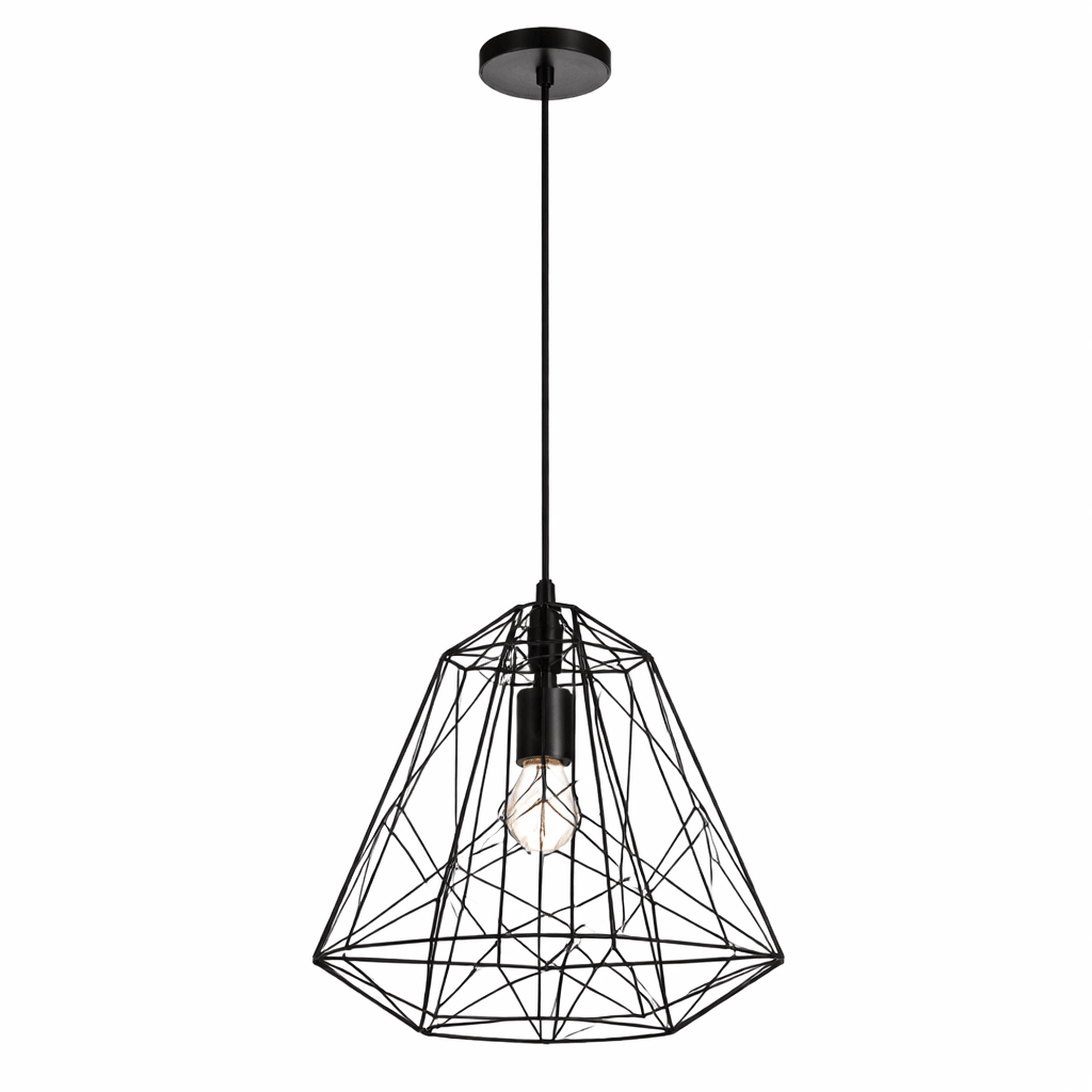 Black geometric pendant light on a white background