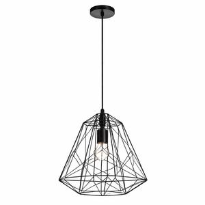 Black geometric pendant light on a white background