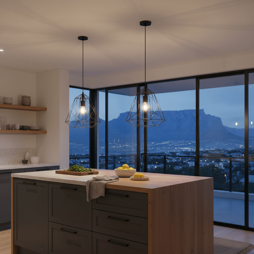 Two black metal pendant lights hang over a kitchen island with a scenic mountain view at dusk.