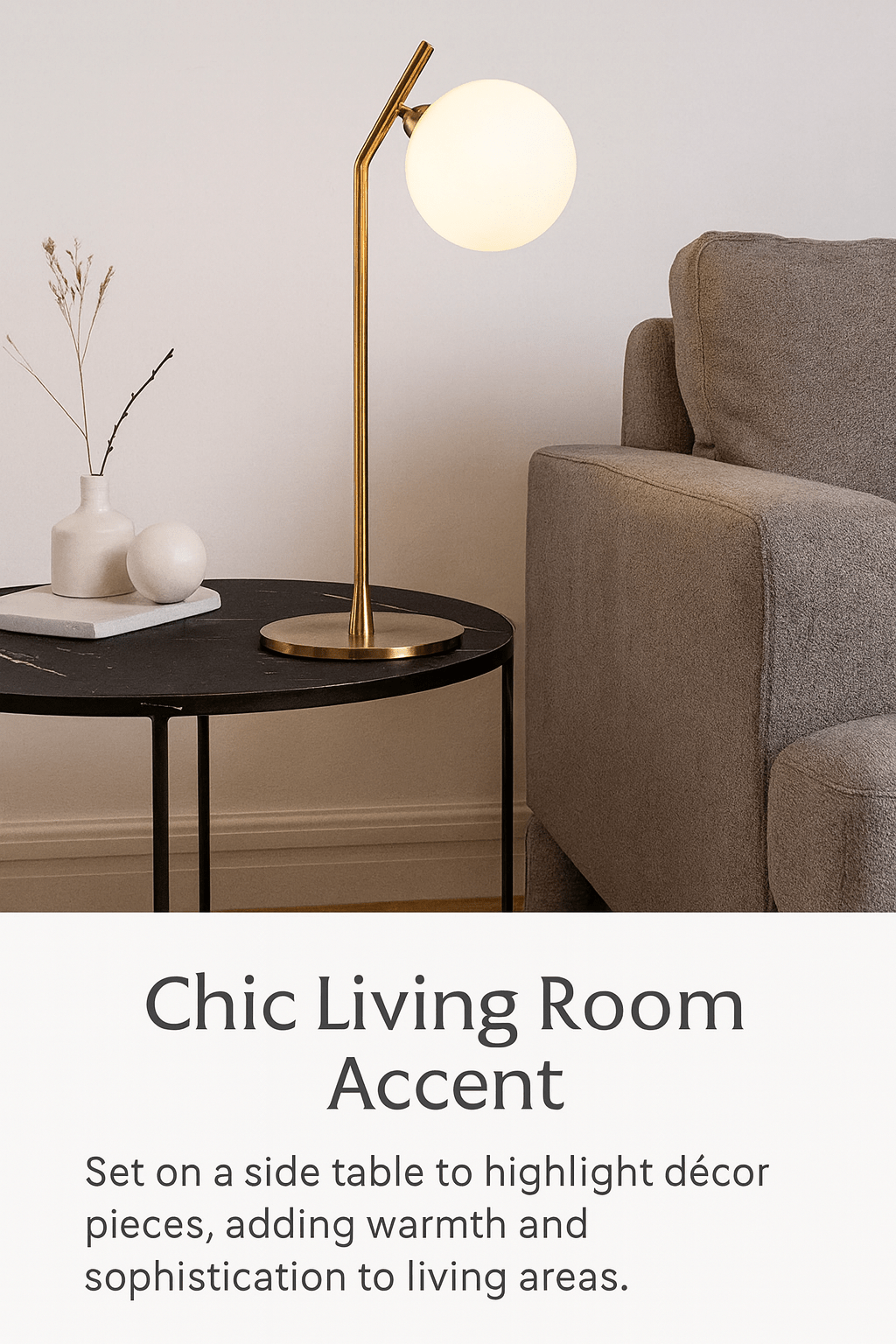 Modern floor lamp on a side table in a living room setting with text describing its use.