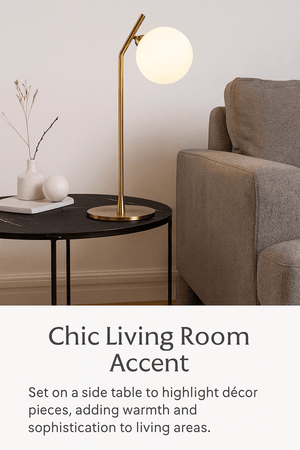 Modern floor lamp on a side table in a living room setting with text describing its use.