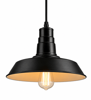 Black pendant light with a lit bulb on a white background