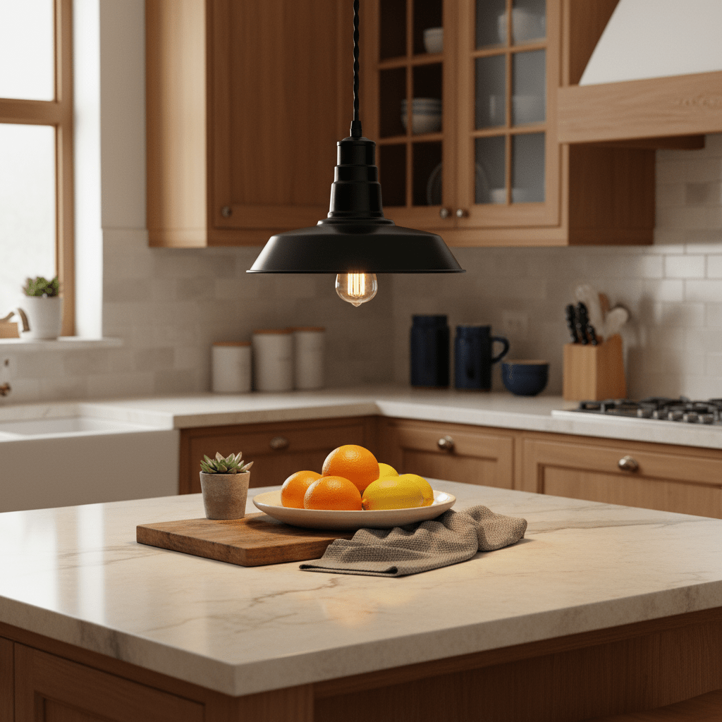 Black LED pendant light hanging over a kitchen island with a bowl of oranges and a potted plant.