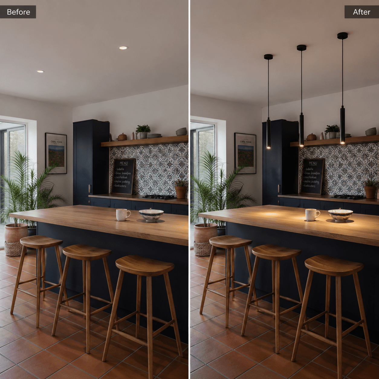 Before and after comparison showing a kitchen island transformed with three slim LED pendant lights.