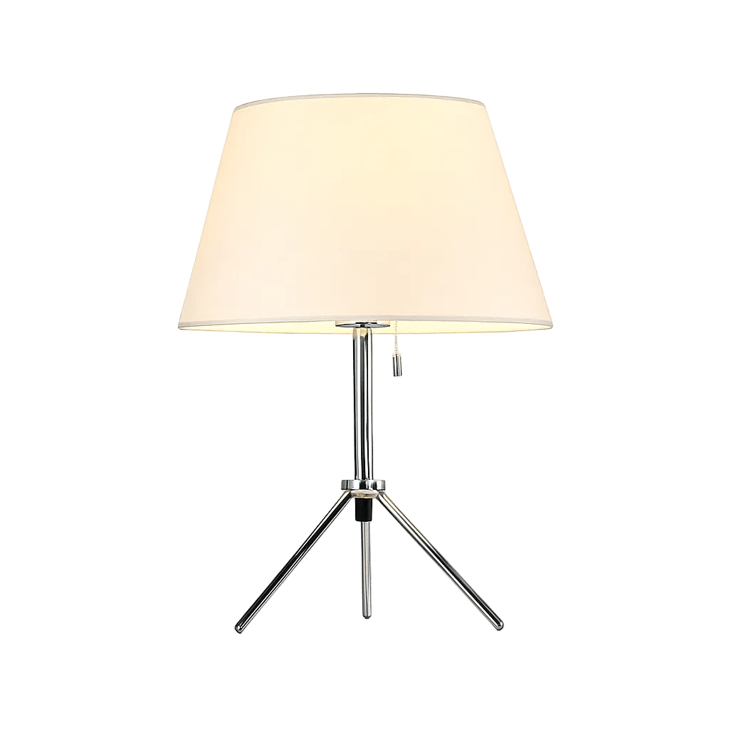 Chrome tripod table lamp with fabric shade, front view against black background.