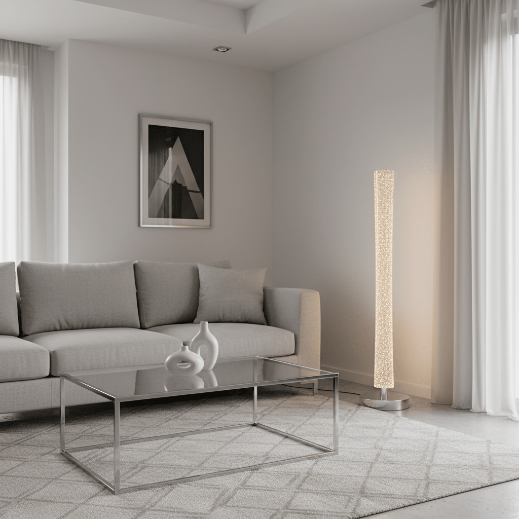Floor lamp brightness guide for Cape Town homes, realistic reading corner with focused warm LED light, comfortable chair and side table, practical 800x800 interior composition with deep green and brass accents